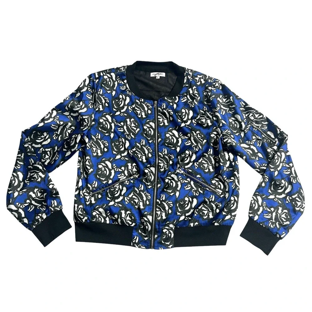 X by GOTTEX Women's Floral Satin Bomber Jacket Blue Roses Size Large Zip Pockets